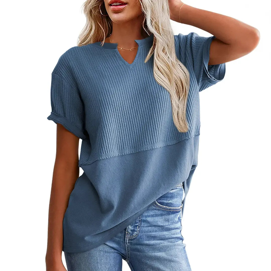 Women's Summer Waffle Knit Top - Casual V-Neck Short Sleeve Shirt Loose Fit