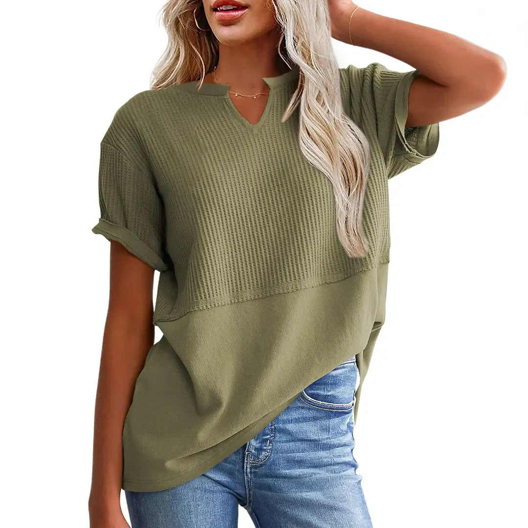 Women's Summer Waffle Knit Top - Casual V-Neck Short Sleeve Shirt Loose Fit