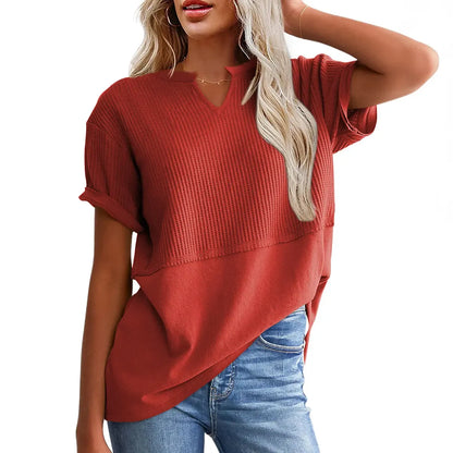 Women's Summer Waffle Knit Top - Casual V-Neck Short Sleeve Shirt Loose Fit