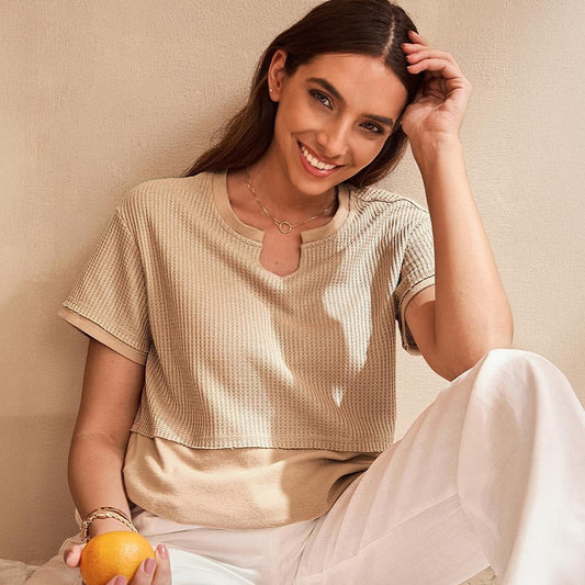 Women's Summer Waffle Knit Top - Casual V-Neck Short Sleeve Shirt Loose Fit
