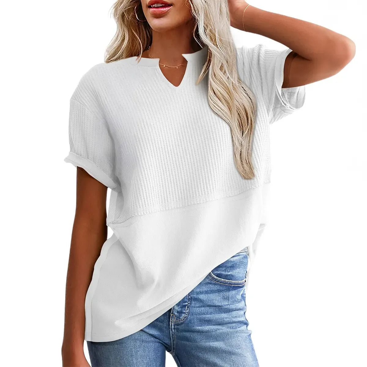 Women's Summer Waffle Knit Top - Casual V-Neck Short Sleeve Shirt Loose Fit