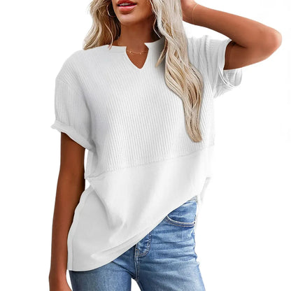Women's Summer Waffle Knit Top - Casual V-Neck Short Sleeve Shirt Loose Fit