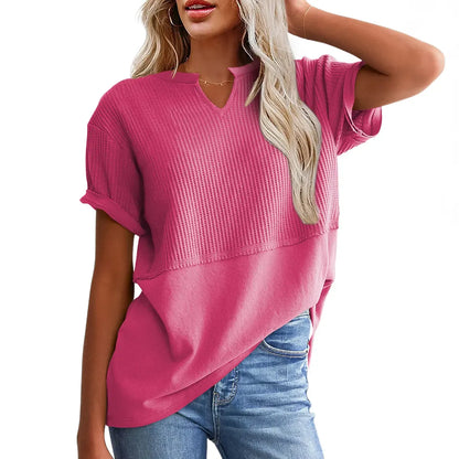 Women's Summer Waffle Knit Top - Casual V-Neck Short Sleeve Shirt Loose Fit