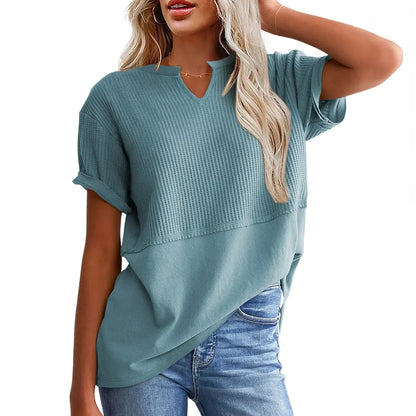 Women's Summer Waffle Knit Top - Casual V-Neck Short Sleeve Shirt Loose Fit