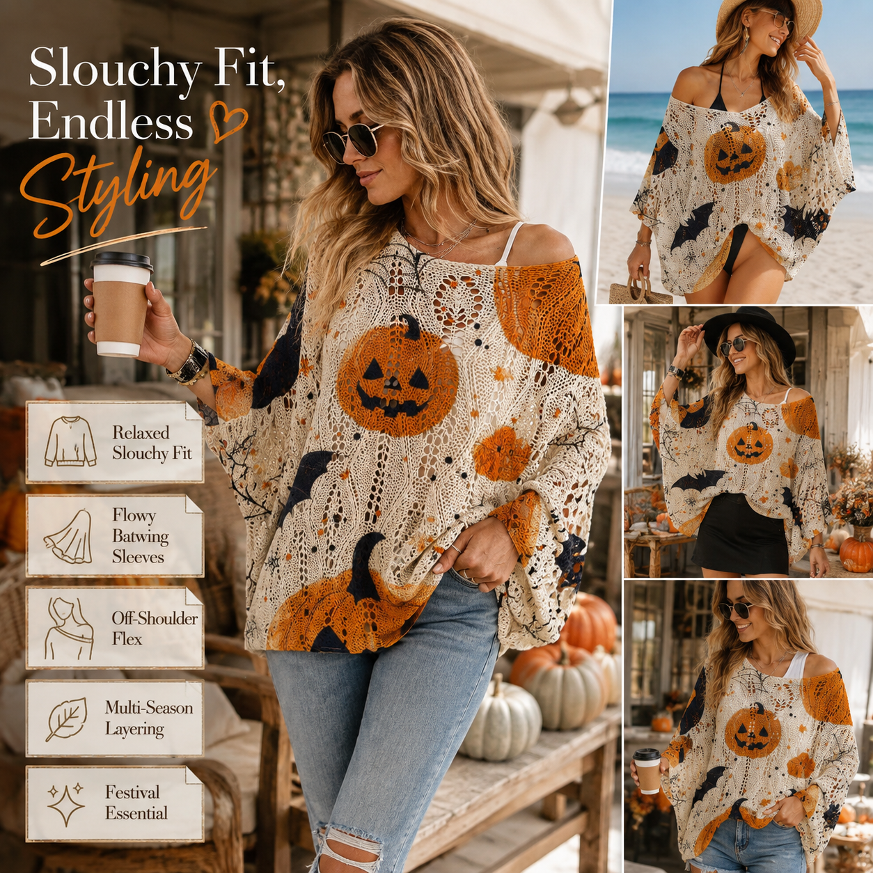 🎃 Women’s Pumpkin & Bat Crochet Knit Top – Festive Off-Shoulder Fall Style 🍂