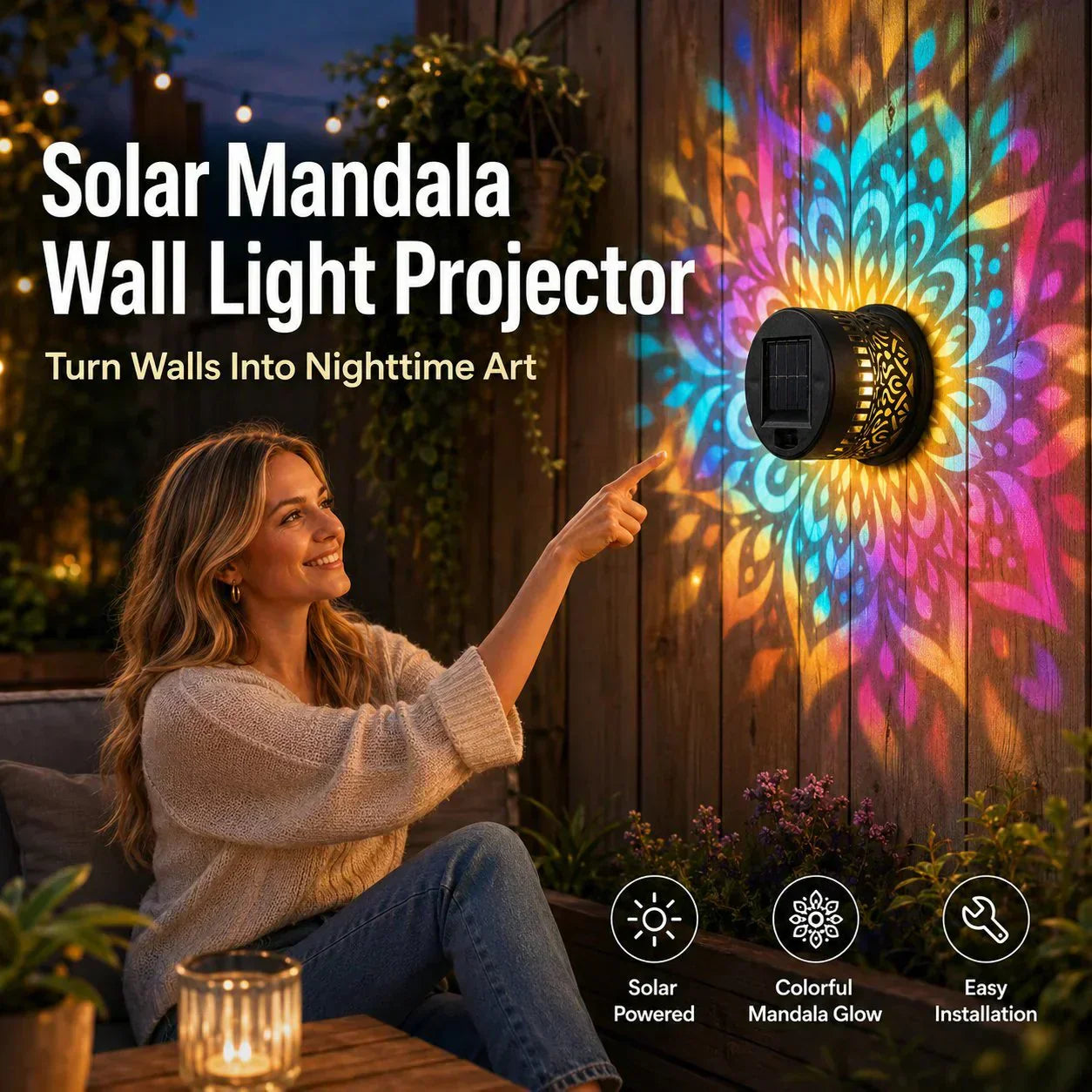 🌞 50% OFF🎁Solar Mandala Light – Stunning Pattern Projection, 2-in-1 Floor & Wall Design & IP65 Waterproof Auto On/Off 🌿