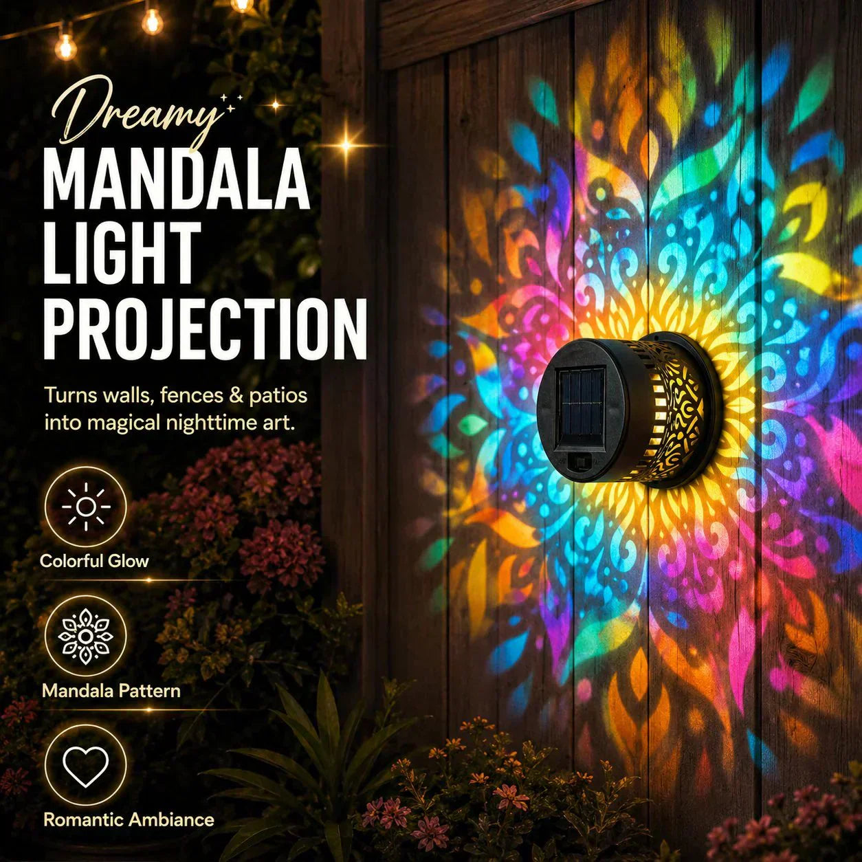 🌞 50% OFF🎁Solar Mandala Light – Stunning Pattern Projection, 2-in-1 Floor & Wall Design & IP65 Waterproof Auto On/Off 🌿