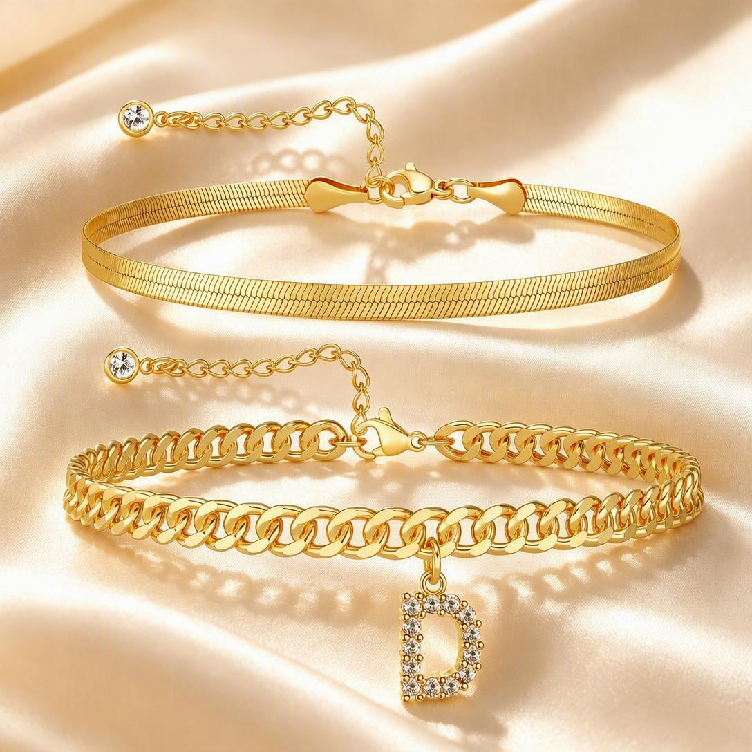 ✨ Gold Initial Anklet – 14K Gold Plated, Waterproof Adjustable Letter Pendant, Stackable Beach Jewelry