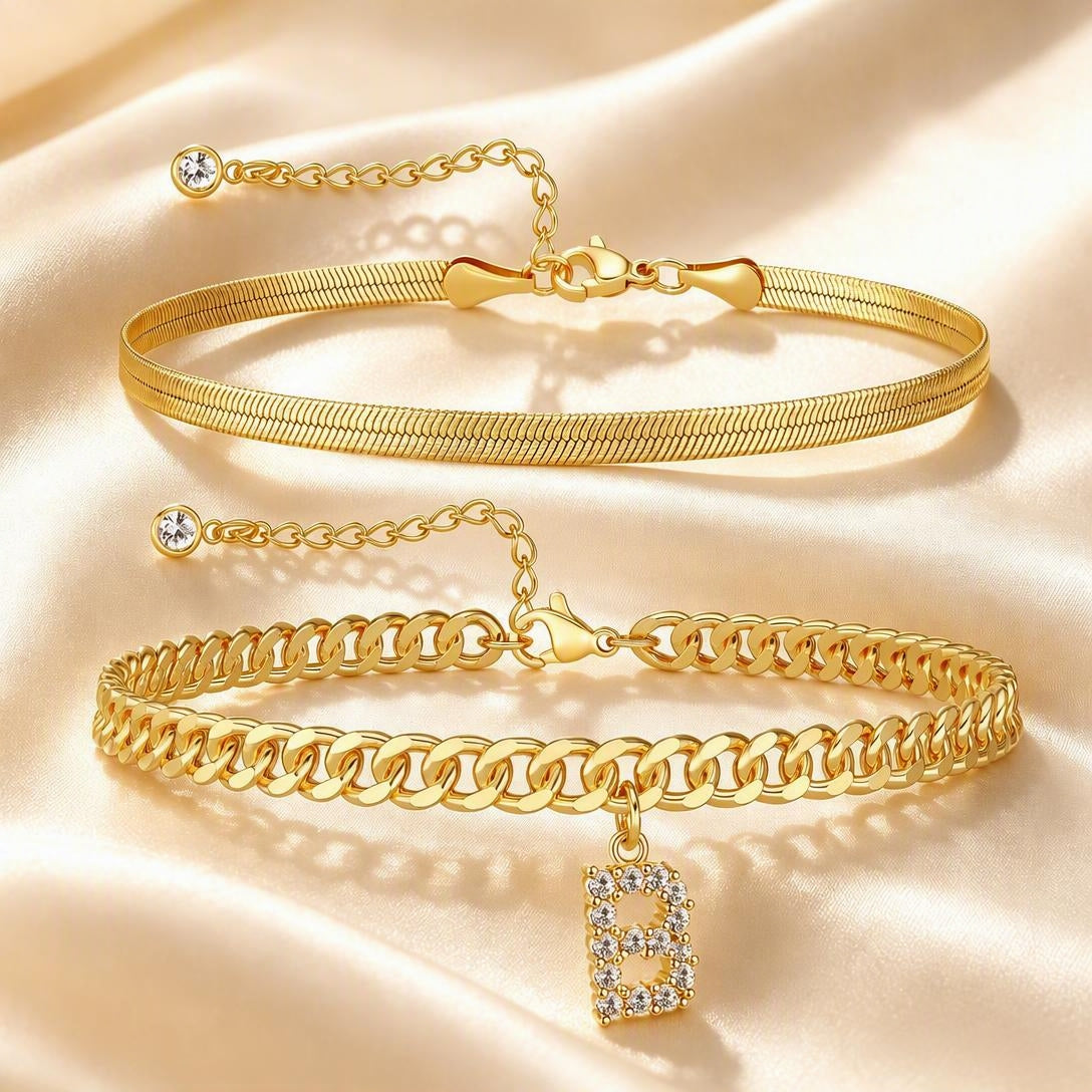 ✨ Gold Initial Anklet – 14K Gold Plated, Waterproof Adjustable Letter Pendant, Stackable Beach Jewelry