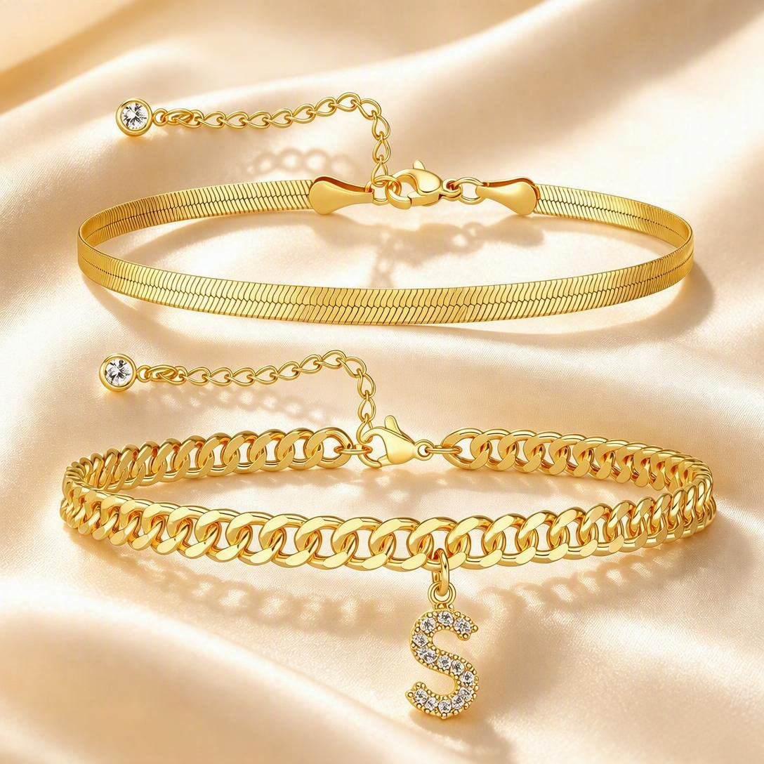 ✨ Gold Initial Anklet – 14K Gold Plated, Waterproof Adjustable Letter Pendant, Stackable Beach Jewelry