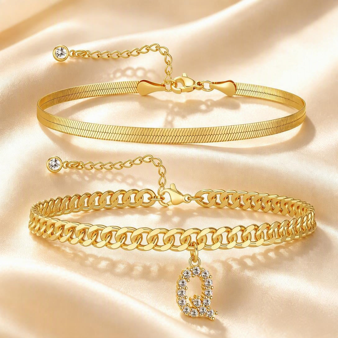 ✨ Gold Initial Anklet – 14K Gold Plated, Waterproof Adjustable Letter Pendant, Stackable Beach Jewelry
