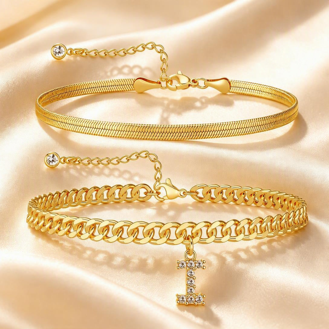 ✨ Gold Initial Anklet – 14K Gold Plated, Waterproof Adjustable Letter Pendant, Stackable Beach Jewelry