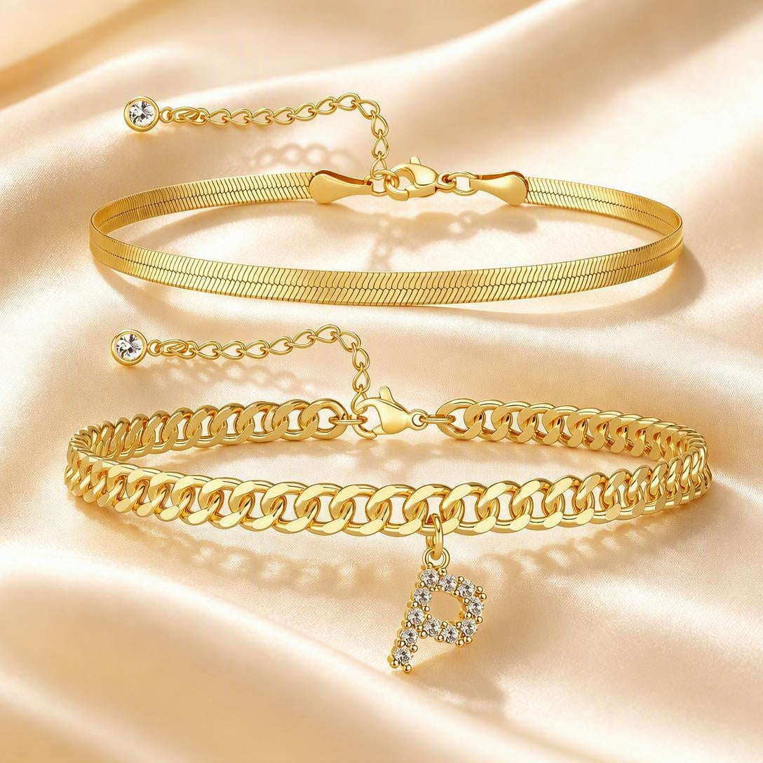 ✨ Gold Initial Anklet – 14K Gold Plated, Waterproof Adjustable Letter Pendant, Stackable Beach Jewelry