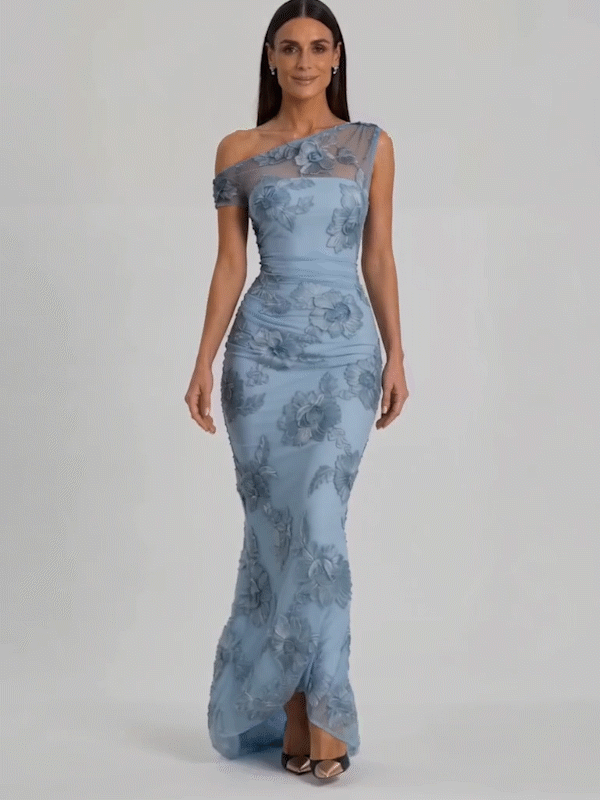 ✨2026 Women's Elegant Off-Shoulder Mesh Lace Midi Bodycon Dress with 3D Floral Applique