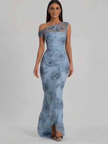 ✨2026 Women's Elegant Off-Shoulder Mesh Lace Midi Bodycon Dress with 3D Floral Applique