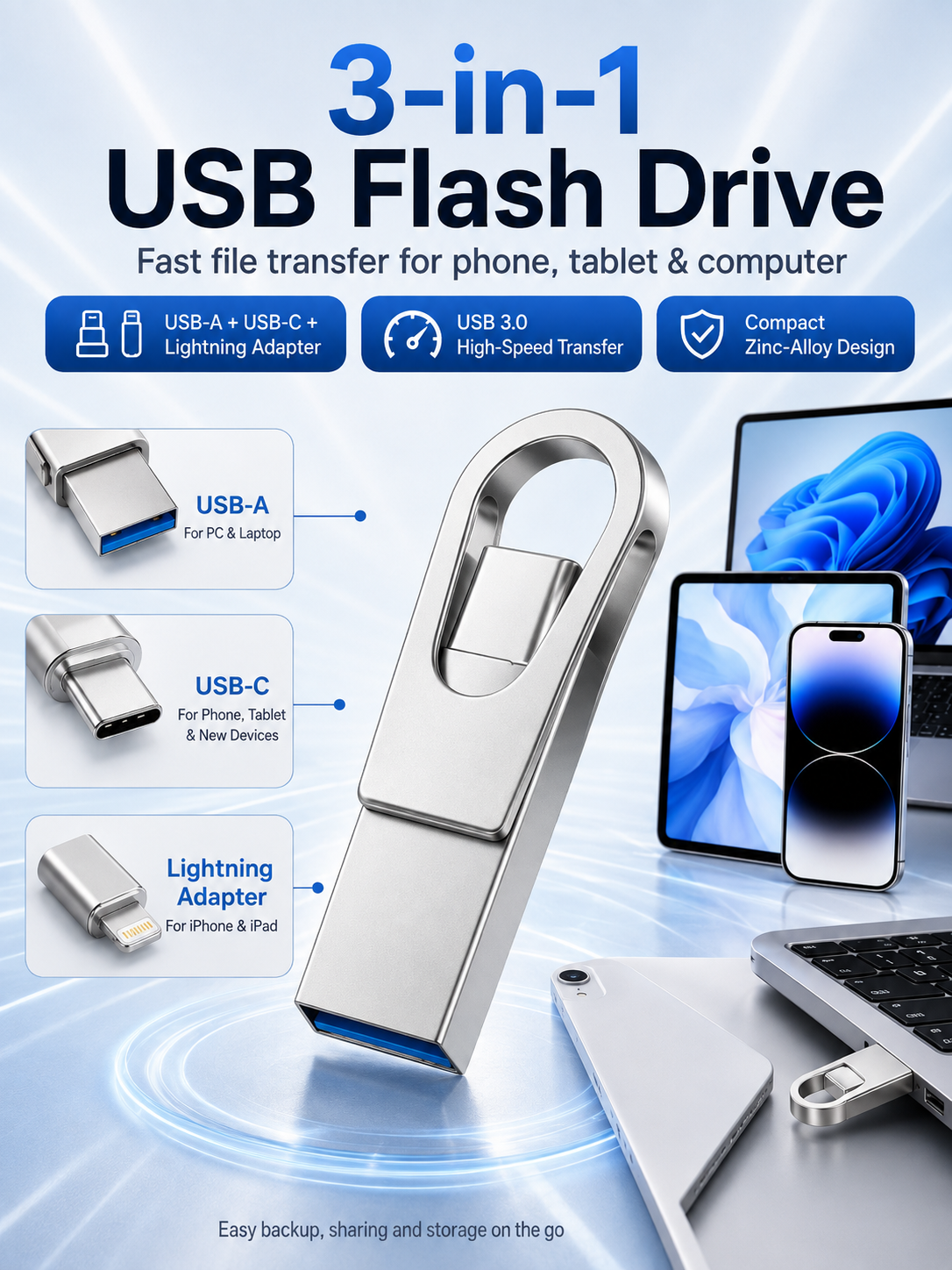 📱 3-in-1 Phone & Computer Flash Drive – Fast Photo & File Transfer